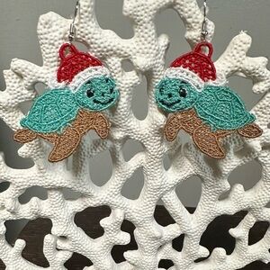 Festive Freestanding Lace Turtle Earrings with Santa Hats